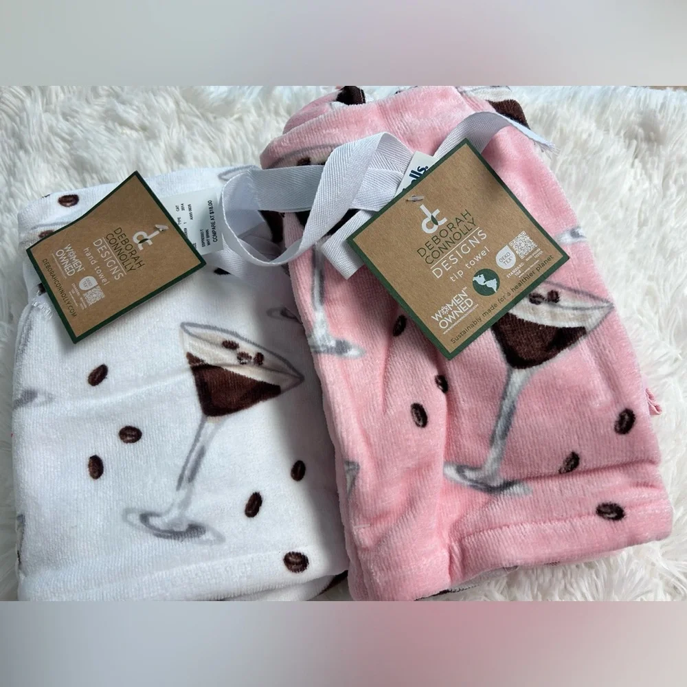 4pc Espresso Martini Glass Coffee Bean Cocktail Velour Bath Hand Tip Towel‎ Set